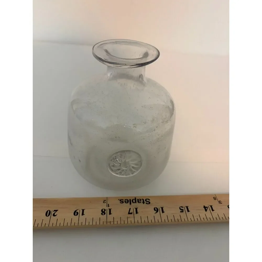 Hand blown clear blue bubble glass vase with applied medallion